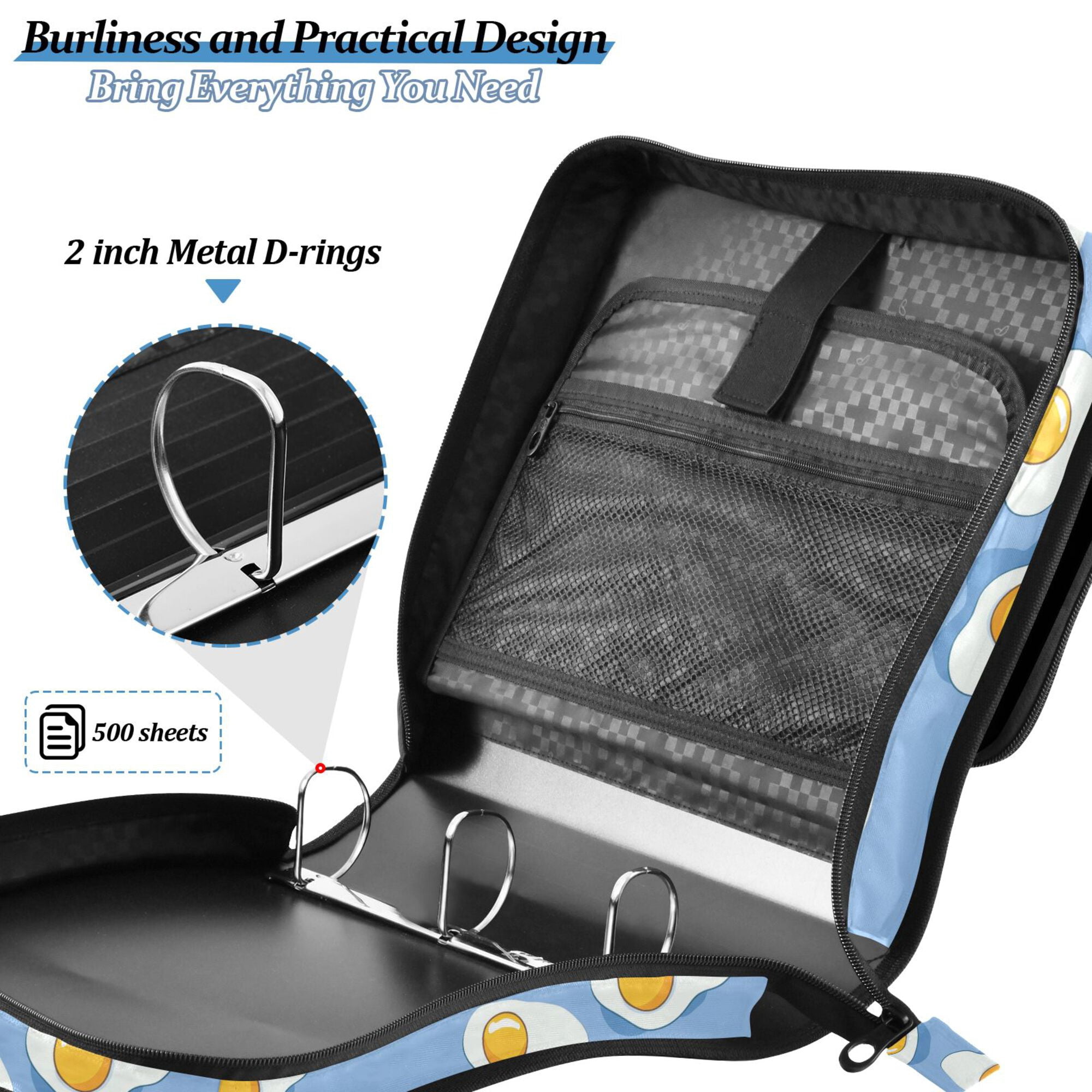FORMRS Zipper Binder with Shoulder Strap 2-inch Ring 500 Sheet Capacity File Bag, Playful Fried Eggs