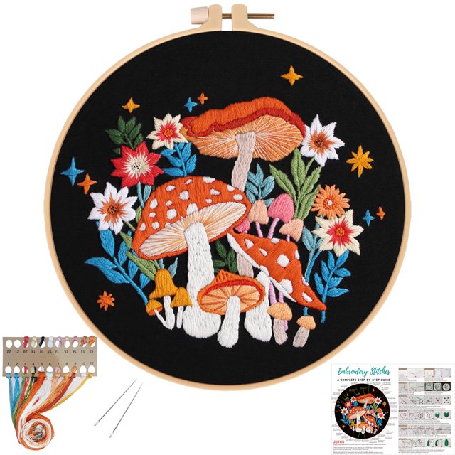 VOCHIC Mushroom Embroidery Kits for Beginners with Art Night pattern