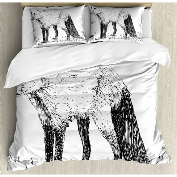 Fox Duvet Cover Set Queen Size, Monochromatic Sketchy Hand Drawn Style Illustration of Wild Animal on Grass, Decorative 3 Piece Bedding Set with 2 Pillow Shams, Charcoal Grey White, by Ambesonne