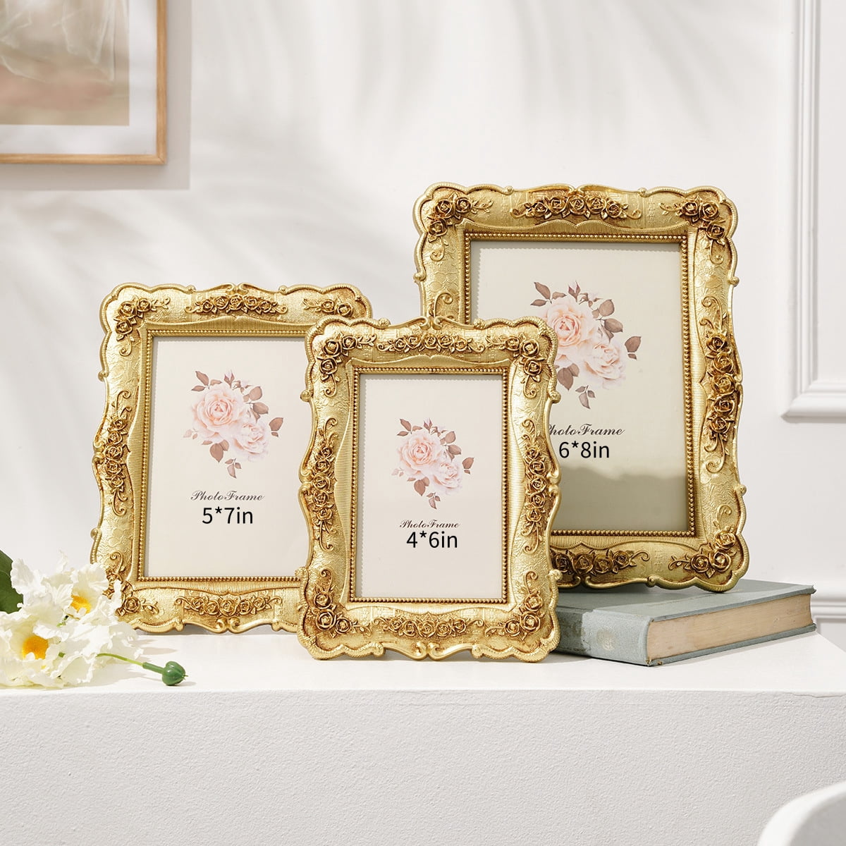 5x7 Vintage Picture Frame, Vintage gold  Flower Textured Hand-Crafted Resin with Glass Front Elegant Retro Vintage Design Photo Frame for Tabletop Display Home Decor(gold)