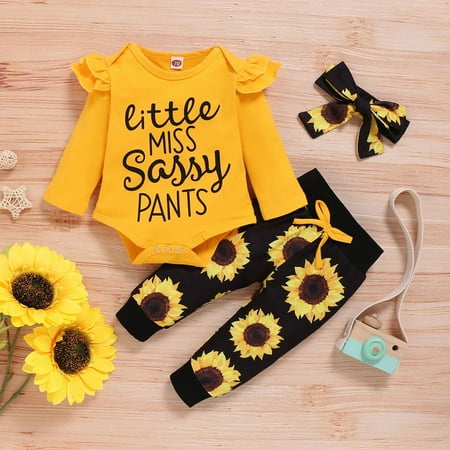 

Leutsin Infant Baby Girls Letter Romper Bodysuit+Sunflower Print Pants+Headband Outfits