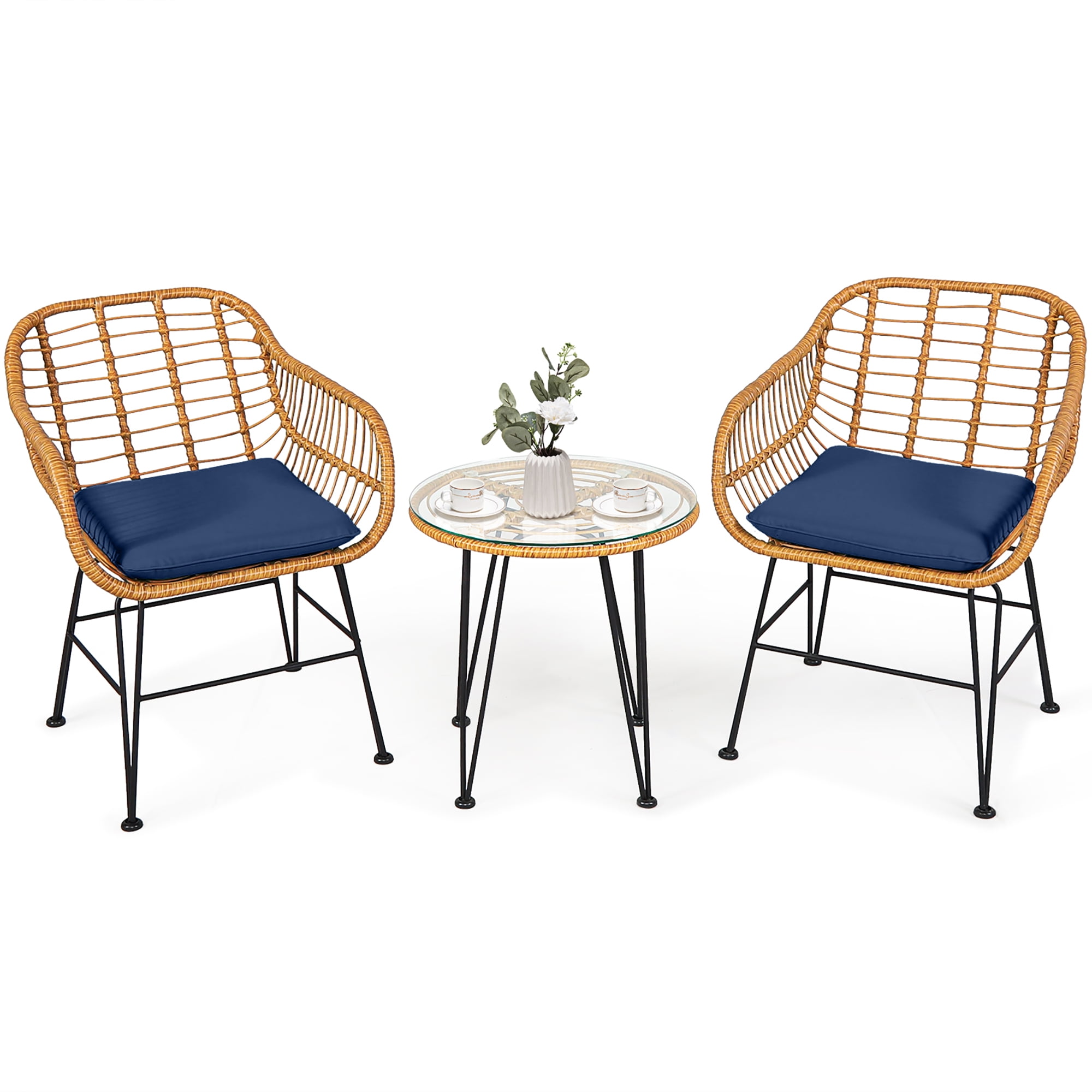 Costway 3PCS Patio Rattan Bistro Furniture Set Cushioned Chair Table Navy