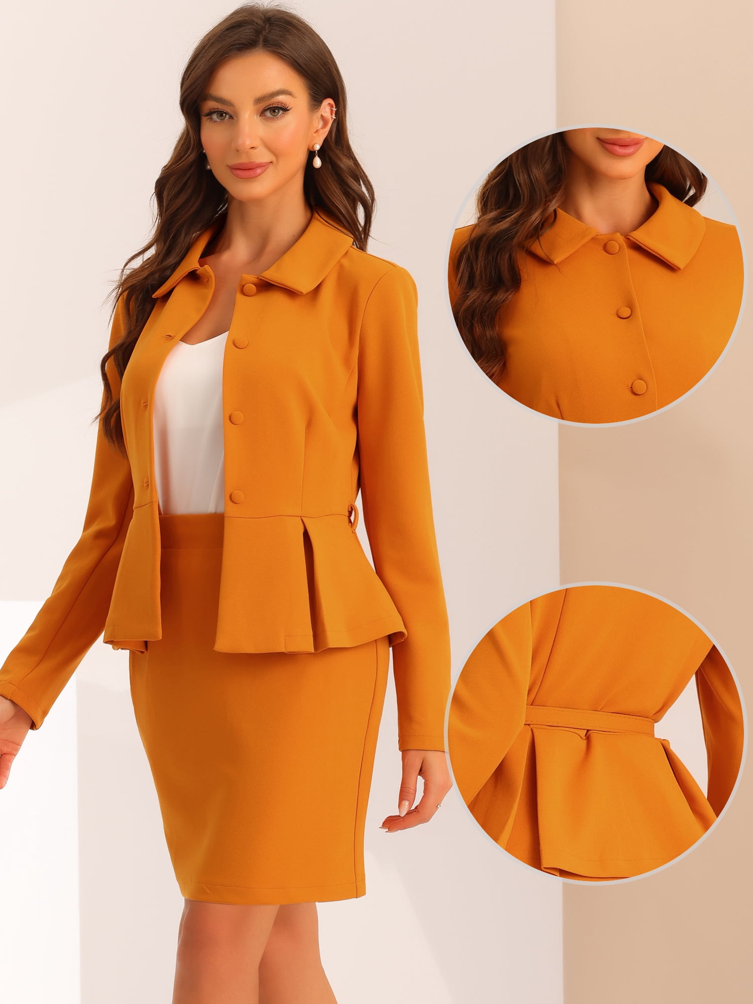 DARING DIVA 2Pcs Women's Business Peplum Blazer Jacket Mini Pencil Skirt Set XL Dark Orange