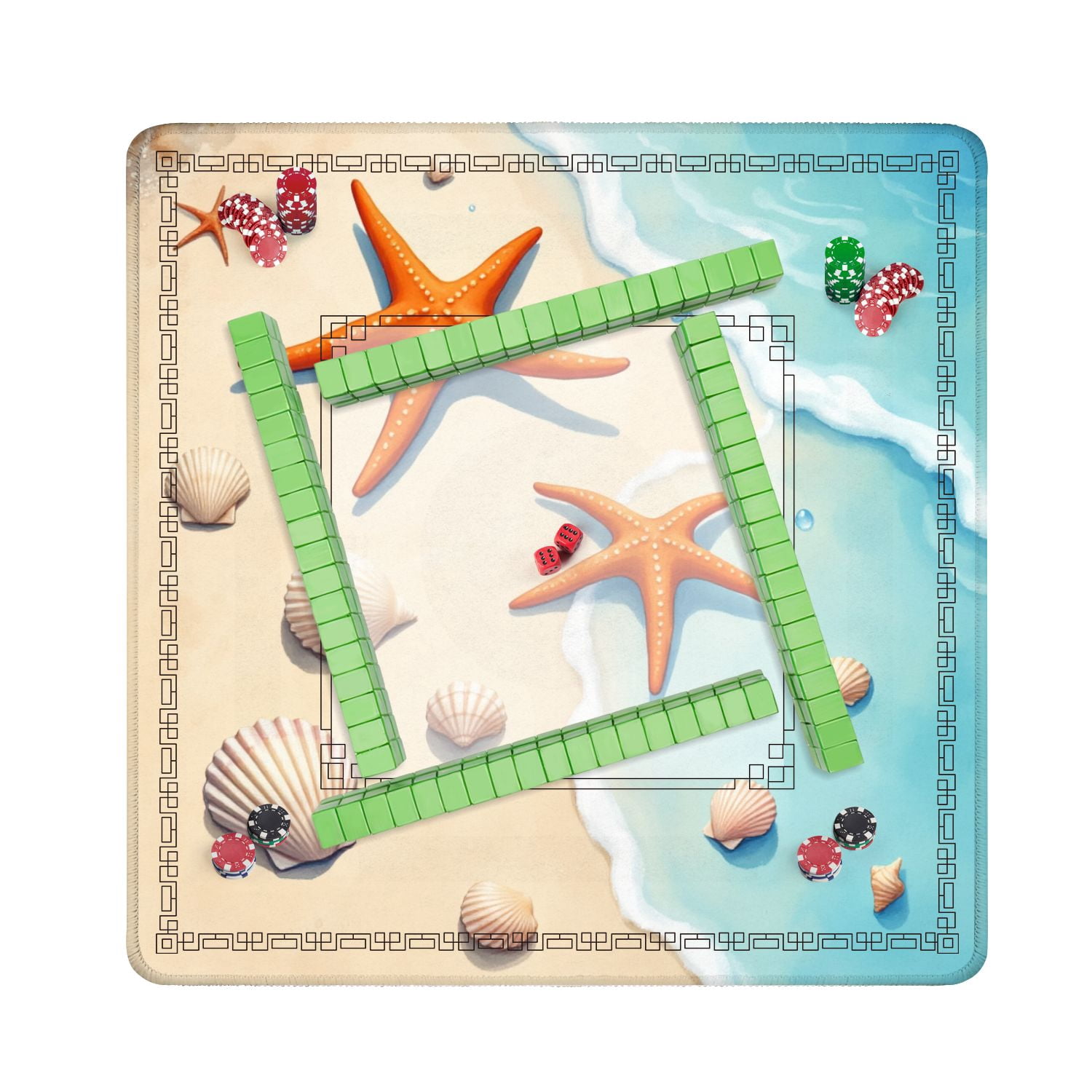 Mahjong Mat 31.5" x 31.5" Orange Starfish Seashells Sandy Beach Gentle Waves Non-Slip Noise Reduction American Mahjong Tiles Table Cover for Dominoes Poker Card Board Games Gift