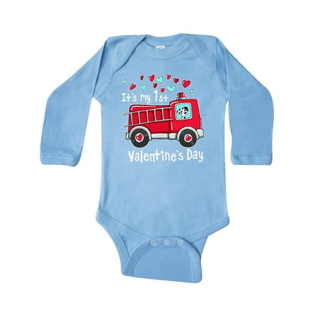 

Inktastic It s My 1st Valentine s Day Fire Truck with Cute Dalmatian Gift Baby Boy or Baby Girl Long Sleeve Bodysuit
