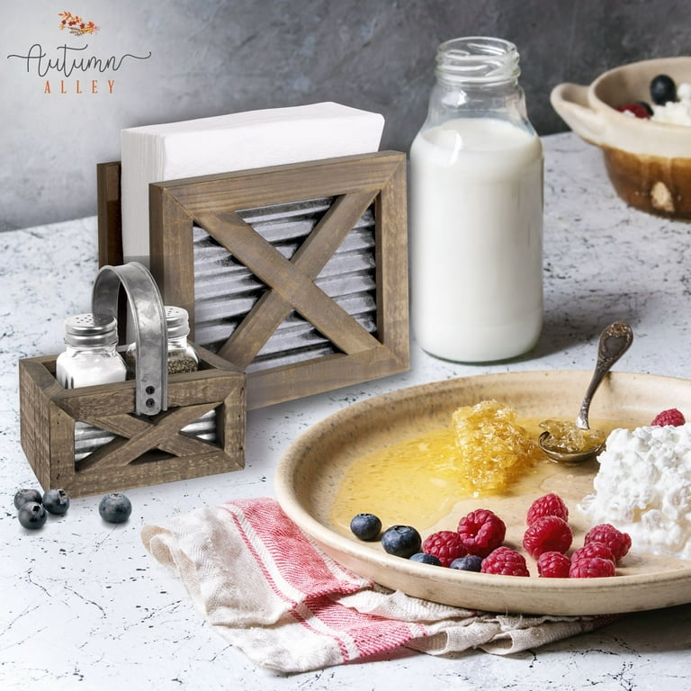 Rustic Farmhouse Wood Napkin Holder w/ 3 Salt & Pepper Shaker