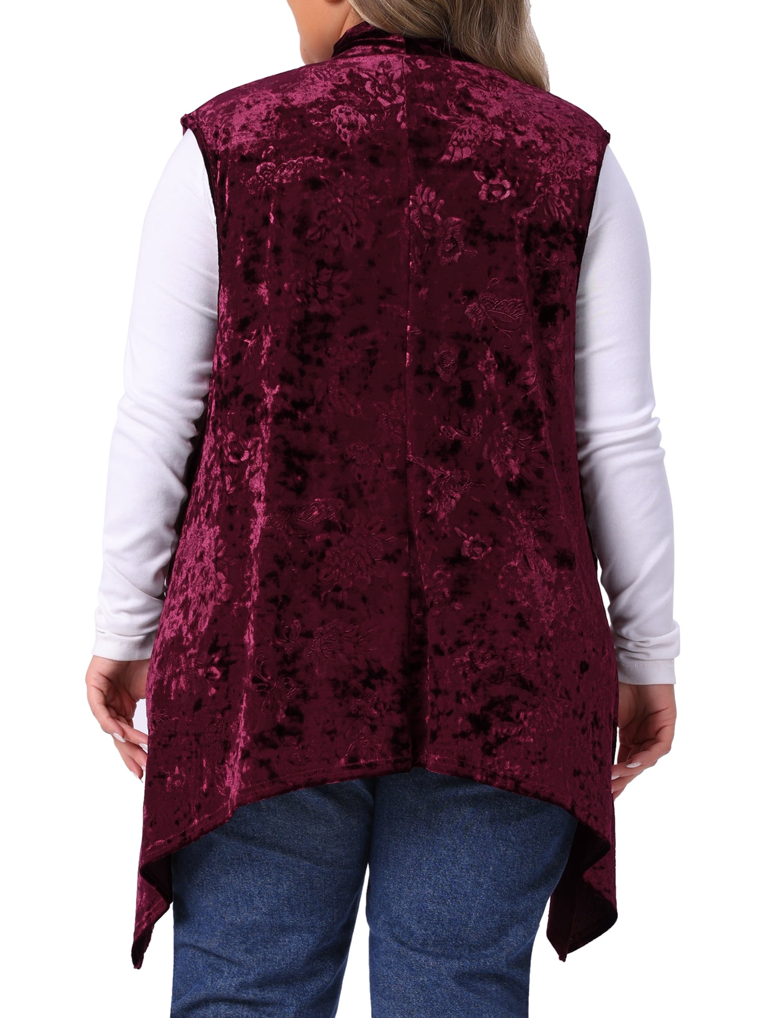 DARING DIVA Women's Plus Size Velvet High Low Hem Open Front Cardigan Vest 1X Burgundy