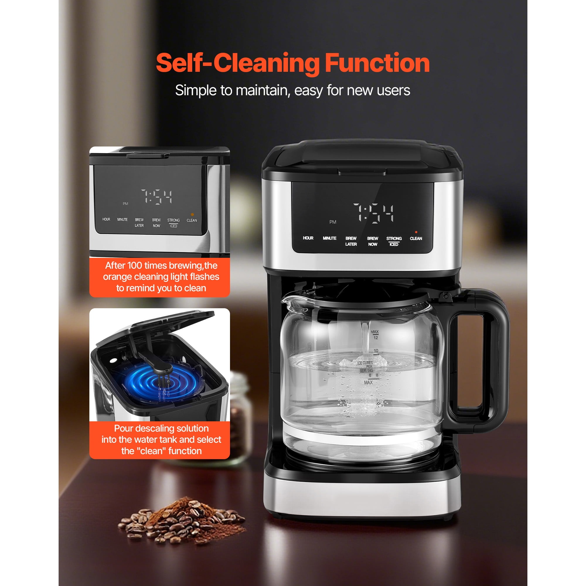 KFFKFF Programmable 12-Cup Drip Coffee Maker with Touch Screen, 4-Hour Keep Warm Function, Adjustable Brew Strength, and 24-Hour Timer for Home Use