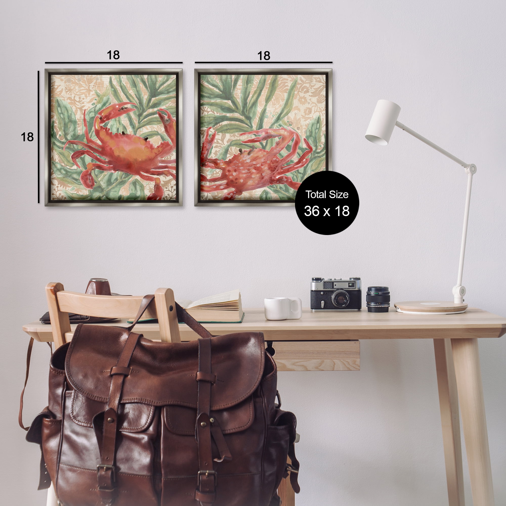 Stupell Industries Red Crab & Seaweed Animals Painting Gray Floater Framed Canvas Art Print Wall Art, 18 x 18, Set of 2