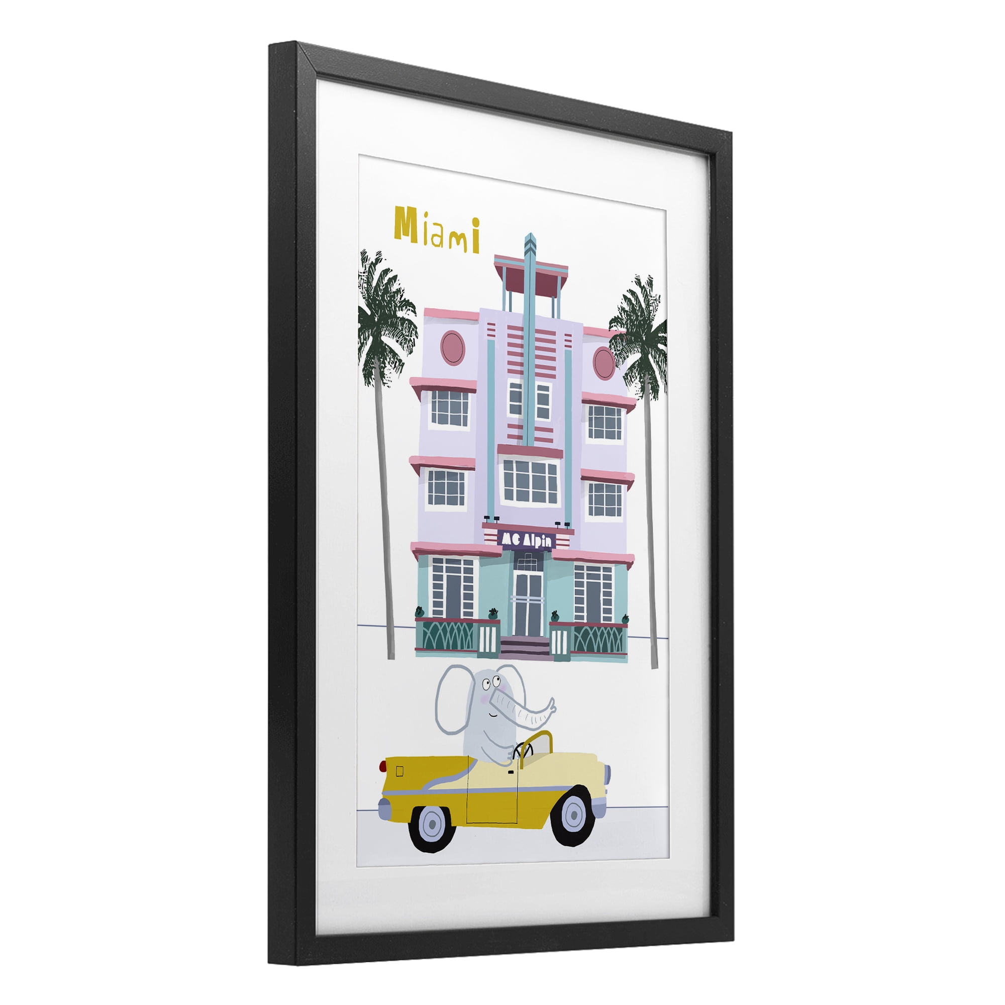 Elephant & Miami Hotel Black Framed Print Under Glass, design by Carla Daly