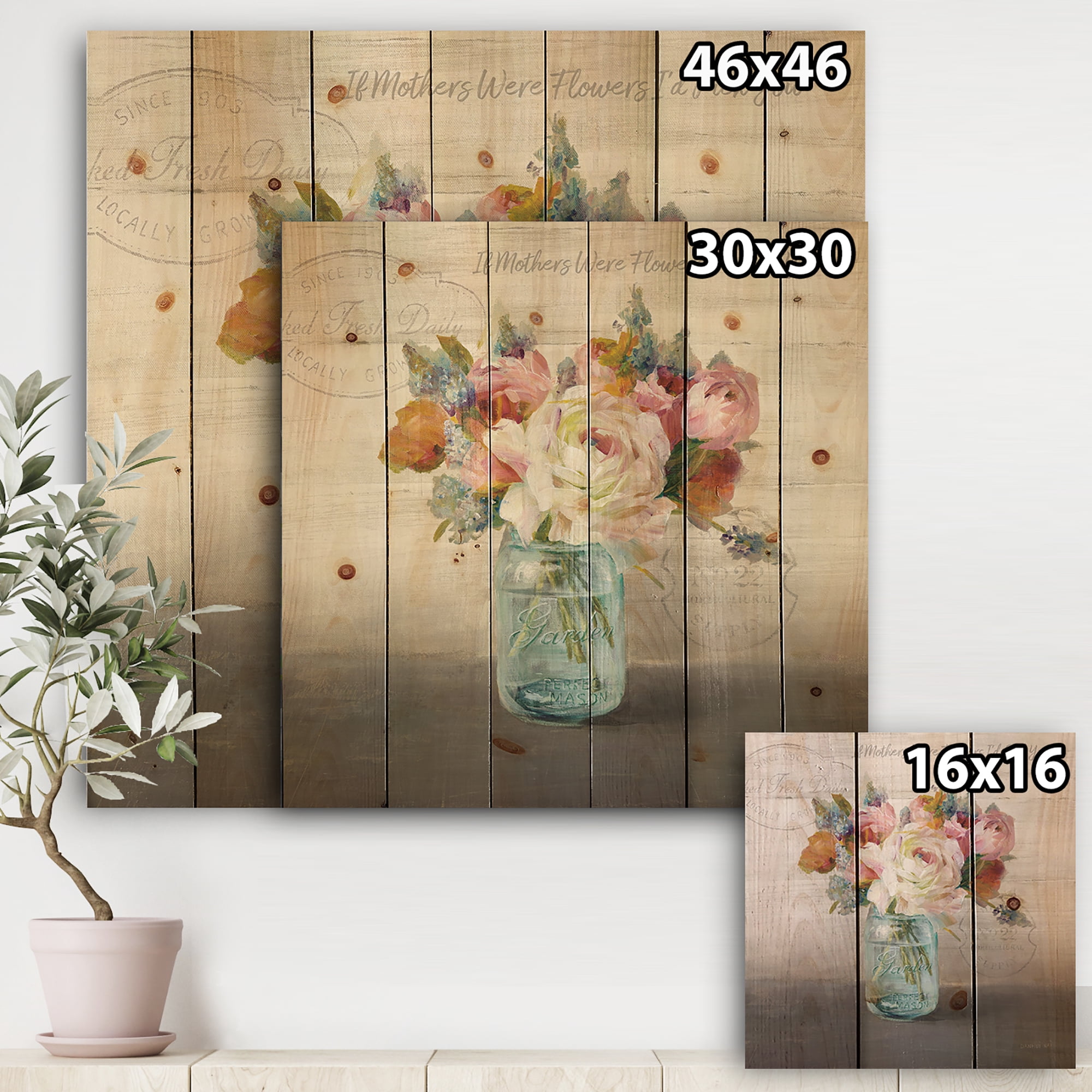 Designart 'French Cottage Bouquet II Mothers' Cottage Print on Natural Pine Wood