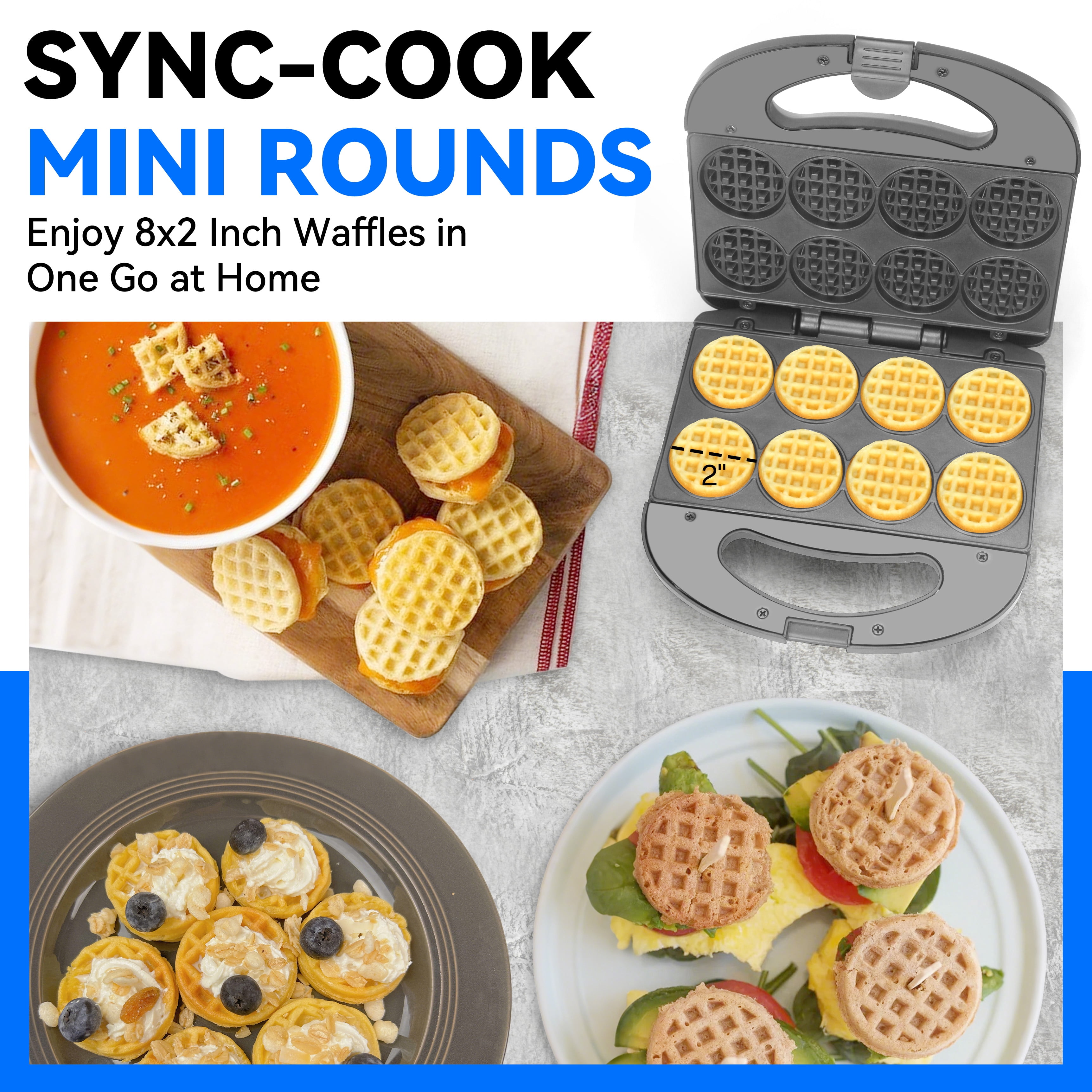 Mailand 8 x 2'' Mini Waffle Maker Machine, Waffle Iron, Non Stick Surface, Brush & Recipe Included, Black