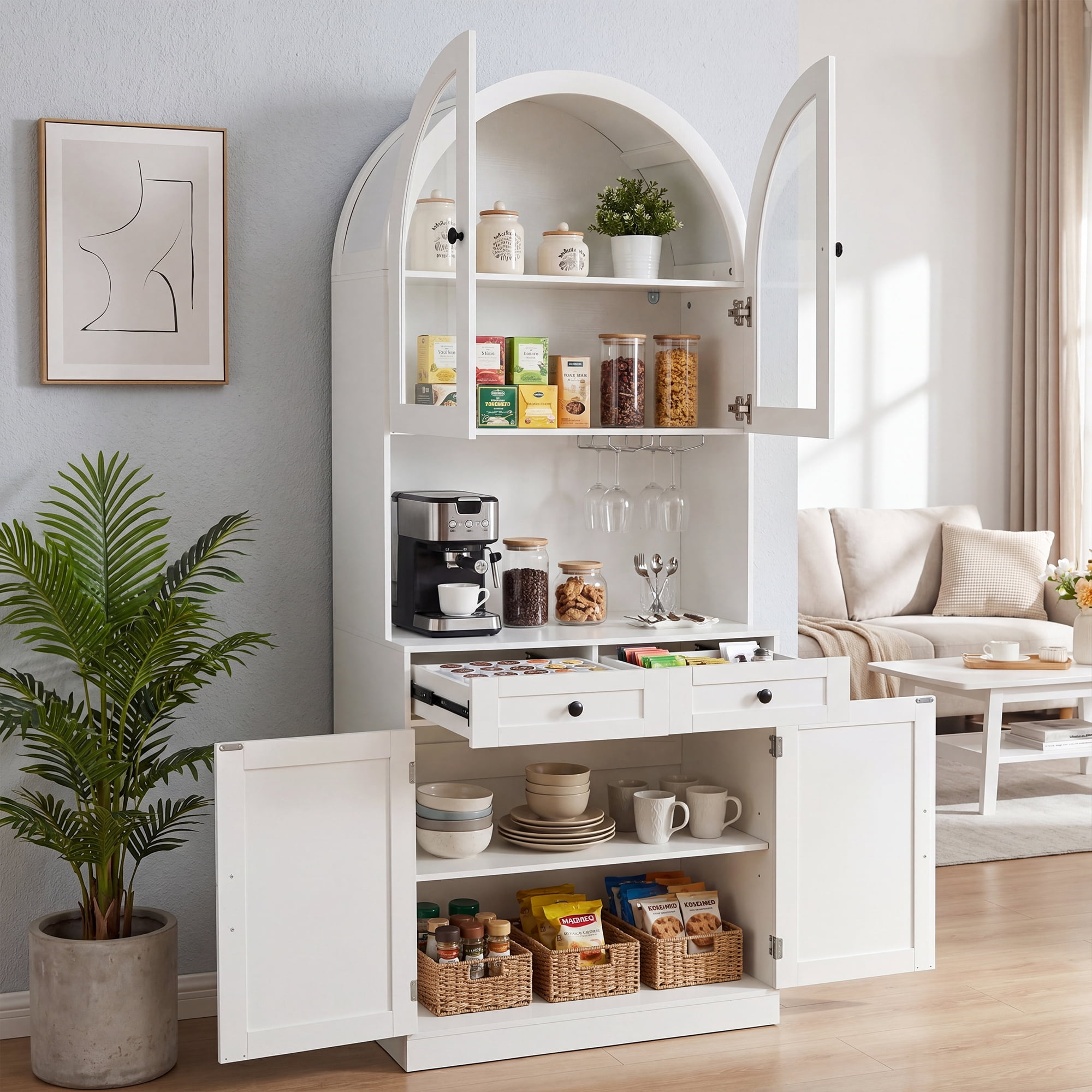 Leumius 75" Farmhouse Tall Arched Pantry Cabinet with Charging Station, Adjustable Shelves, Coffee Bar with Open Countertop for Kitchen, Dining Room, Living Room, White
