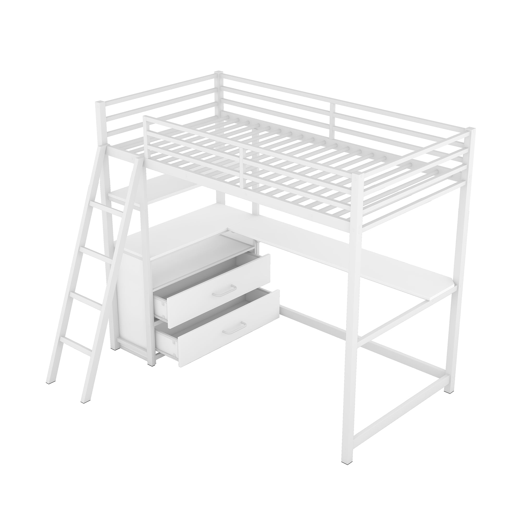 Yoneston Twin Size Loft Bed with Desk Shelve and Two Built-in Drawers, Heavy Duty Metal & Wood Loft Bed for Kids Toddles Bedroom, White
