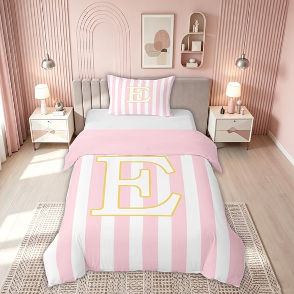 meiyoeat Pink White Stripe Gold E Initial Twin Duvet Cover, Classic Monogram Initial Twin Bedding for Boys Girls, Pink Reversible, 2-Piece, 1 Duvet Cover and 1 Pillowcase