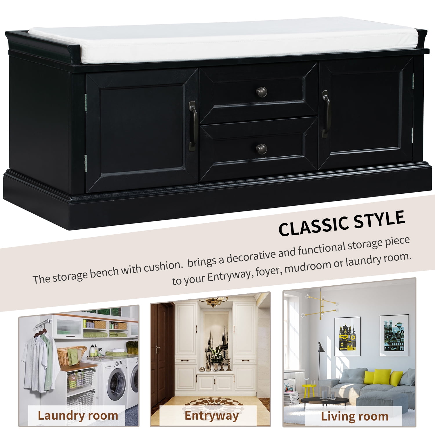 EUROCO 42.5" Storage Bench, Solid Wood Shoe Bench with 2 Drawers and 2 Cabinets and Removable Cushion for Living Room, Entryway, Black