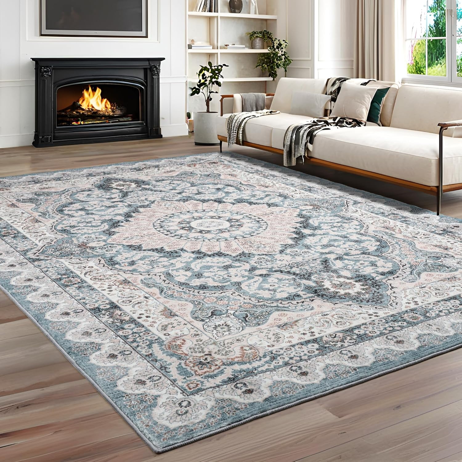 Noahas 5x7 Area Rugs for Living Room, Machine Washable Vintage Rug, Non-Slip Low Pile Throw Rugs with Rubber Backing Washable Carpet for Bedroom Dining Room Kitchen Home Decor, Blue