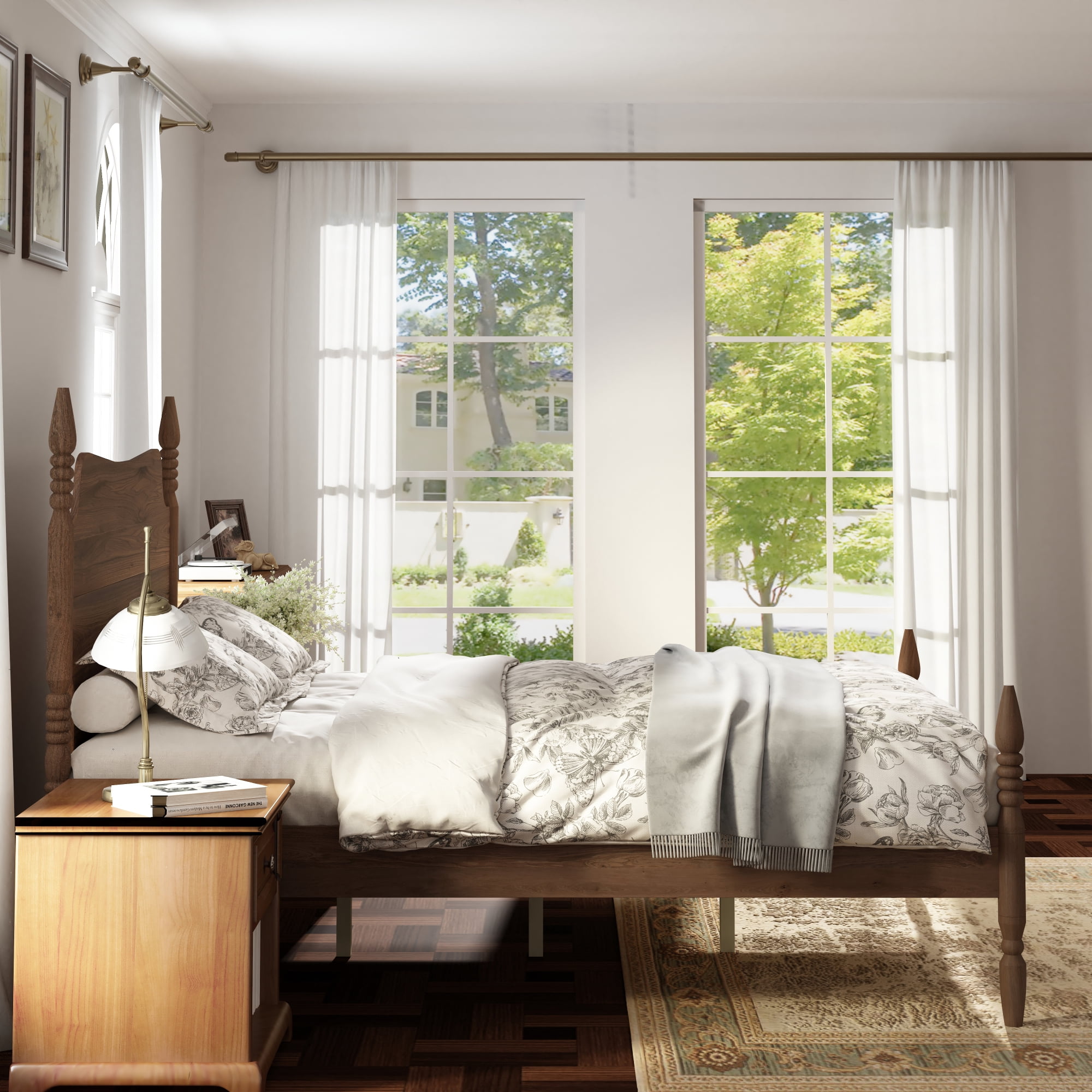 Leumius Queen Size Platform Bed Frame, Spindle Bed with Curved Tall Headboard, No Box Spring Needed, Retro Four Poster Bed for Teens Adults Walnut