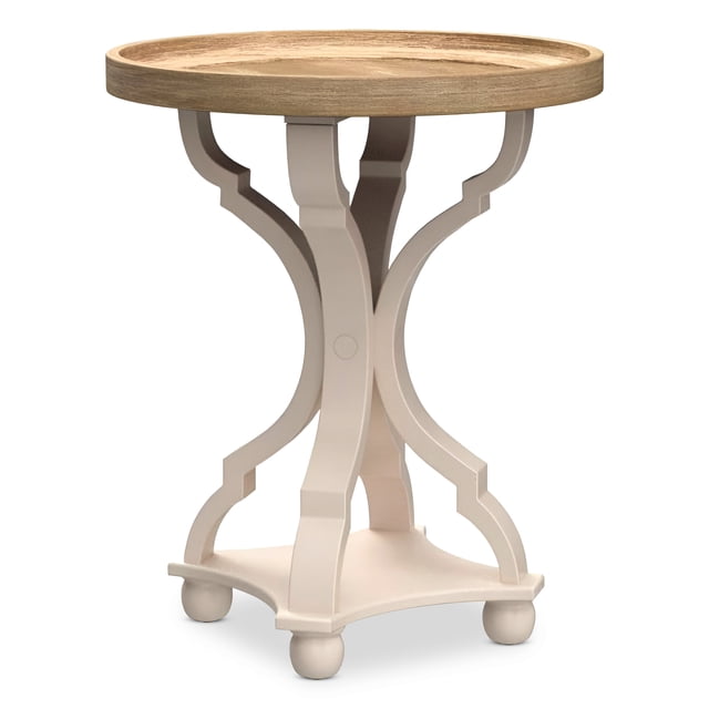 COZAYH Round Rustic Wood Accent Tray Top Nightstand Side Table, White Curved Legs