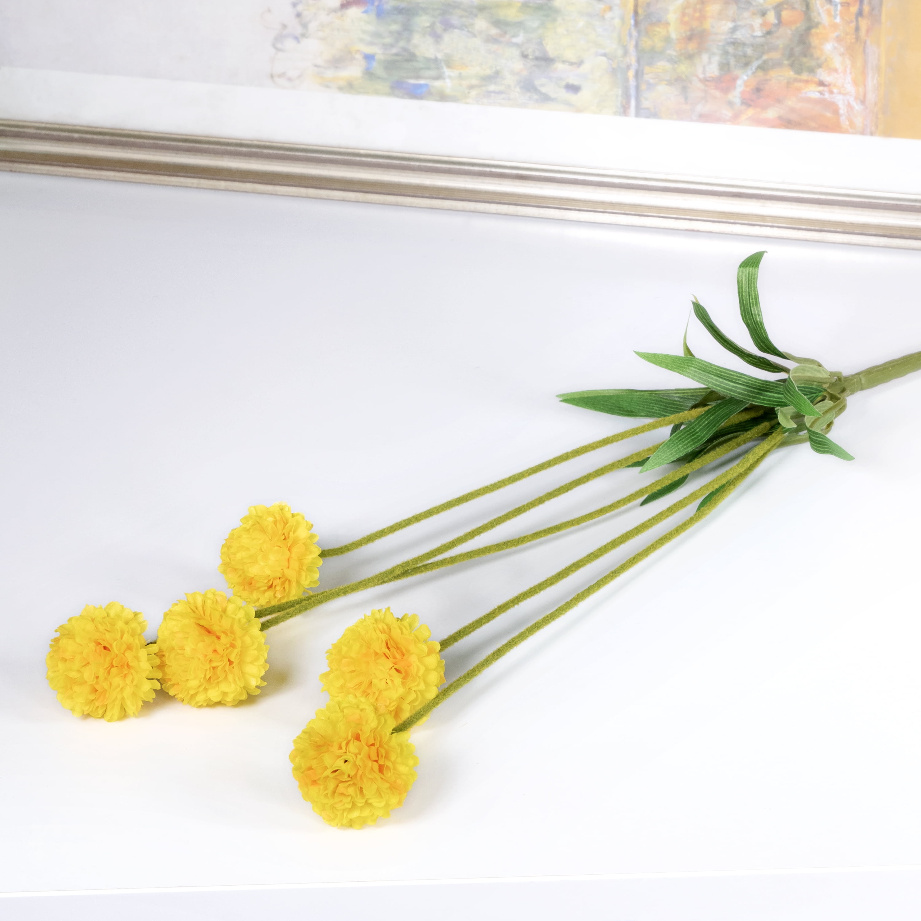 26-inch Artificial Silk Yellow 5 Heads Ball Mum Long Stem, for Indoor Use, by Mainstays, Set of 8