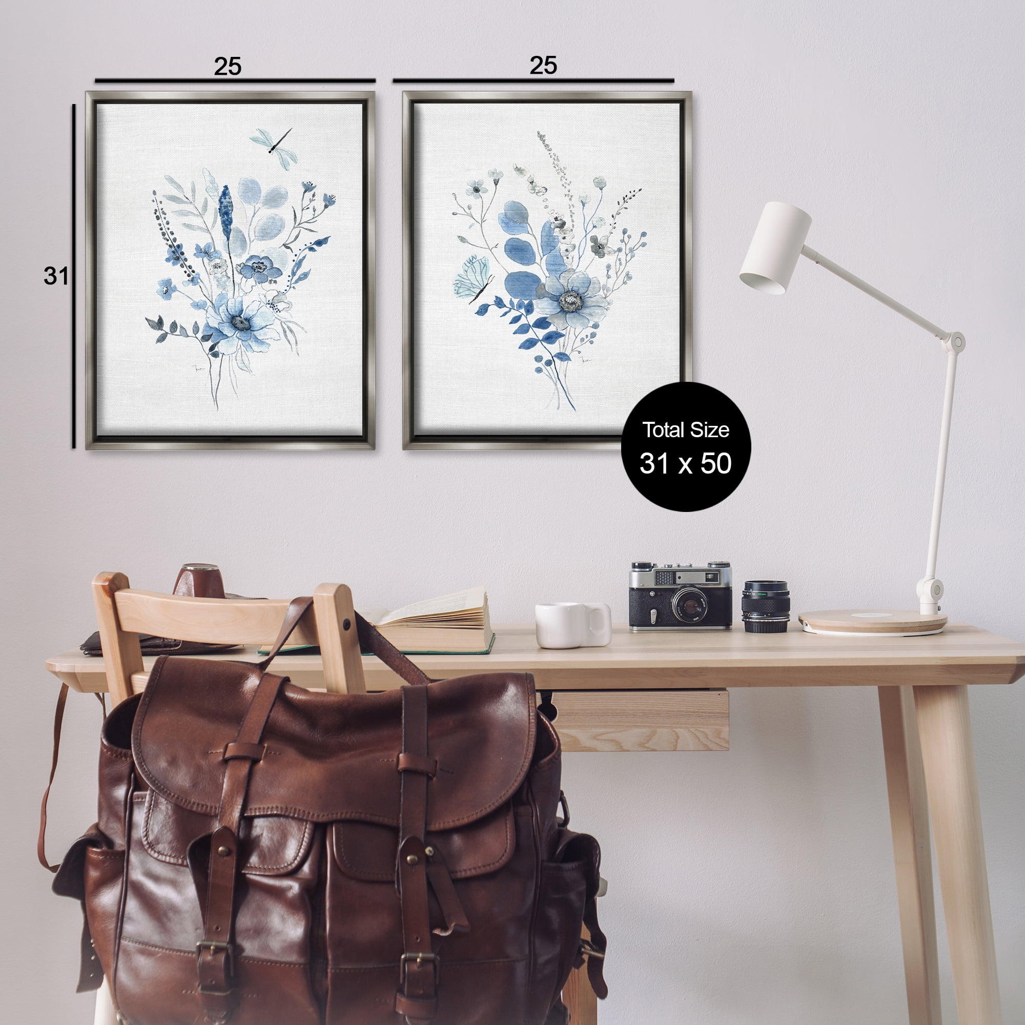 Stupell Industries Blue Dragonfly Flower Plants & Flowers Painting Gray Floater Framed Canvas Art Print Wall Art, 31 x 25, Set of 2