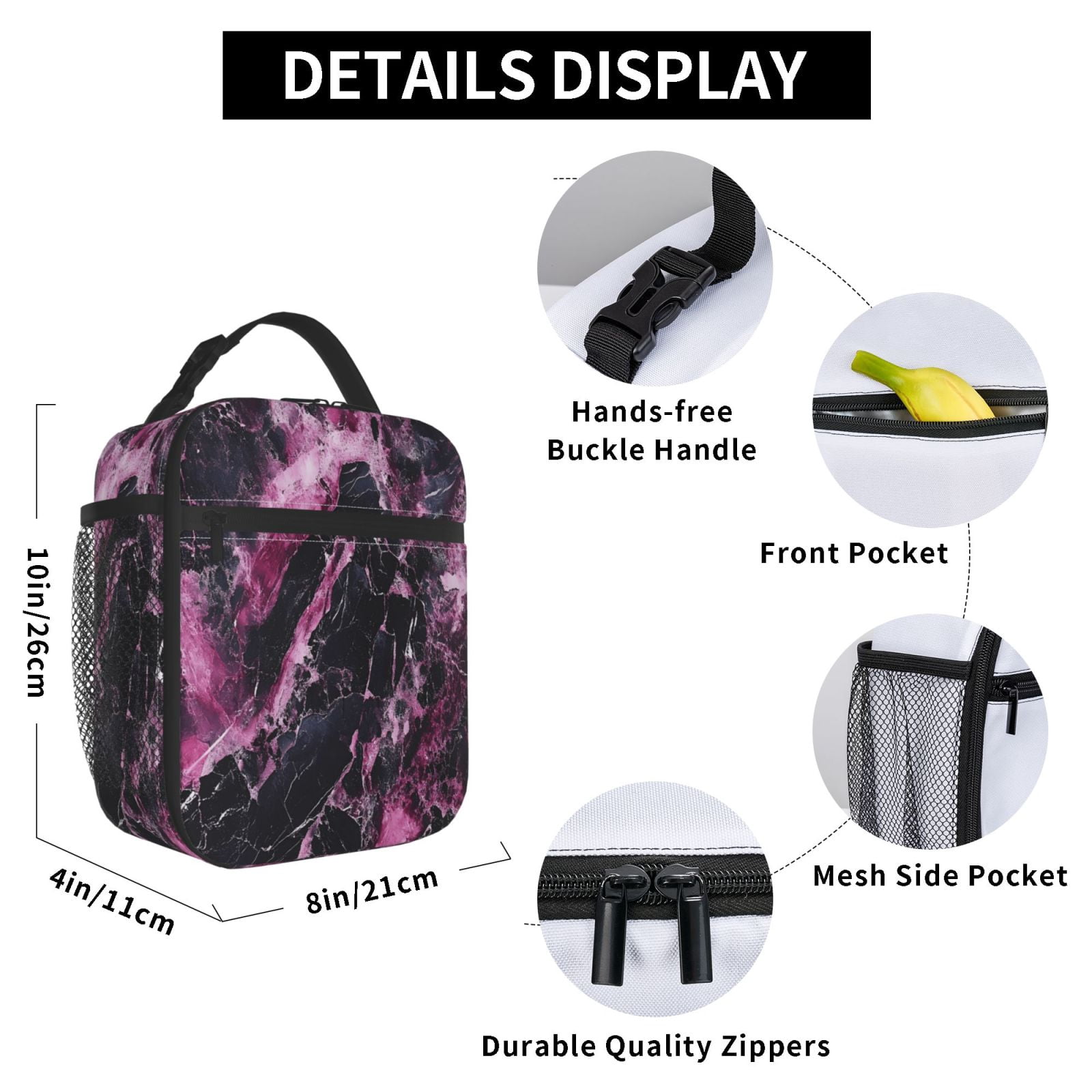 Lunch Bag For Women Men Insulated Portable Lunch Box Bento Box Office Picnic Travel Cooler Bag Darkmagenta Marble_2