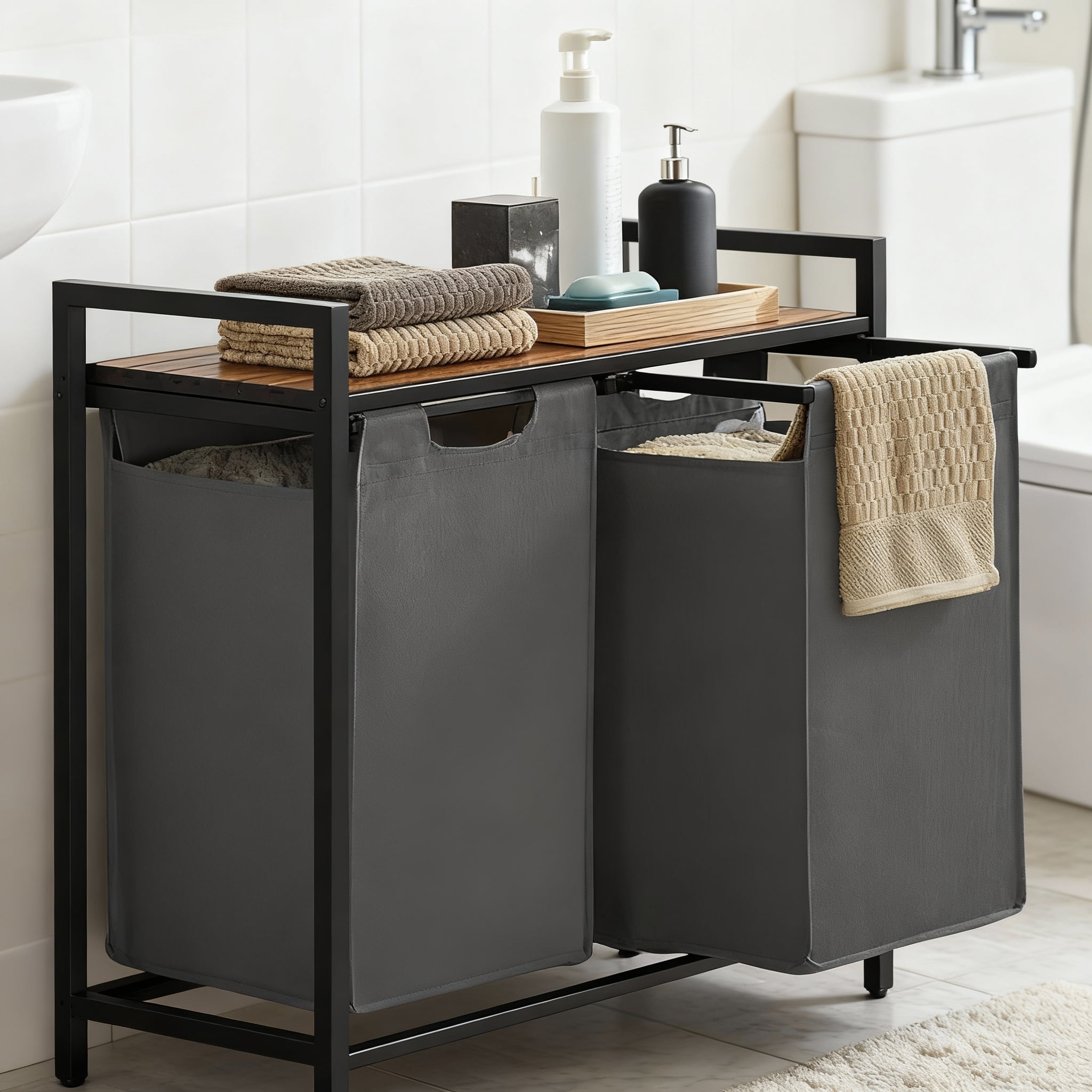 Laundry Sorter Hamper with 2 Pull-Out Bags, Detergent Shelf, Sturdy Metal Frame & Adjustable Feet, 24.2 Gallons Capacity, 2-Compartment for Clothes Organization, Rustic Brown，Gray