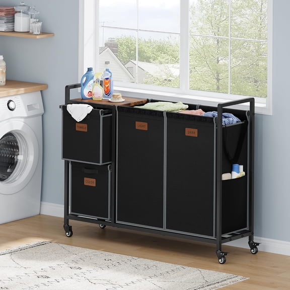 4 Section Laundry Cart with Lid, 48 Gal Rolling Laundry Sorter Organizer with Wheels and Shelf, Black