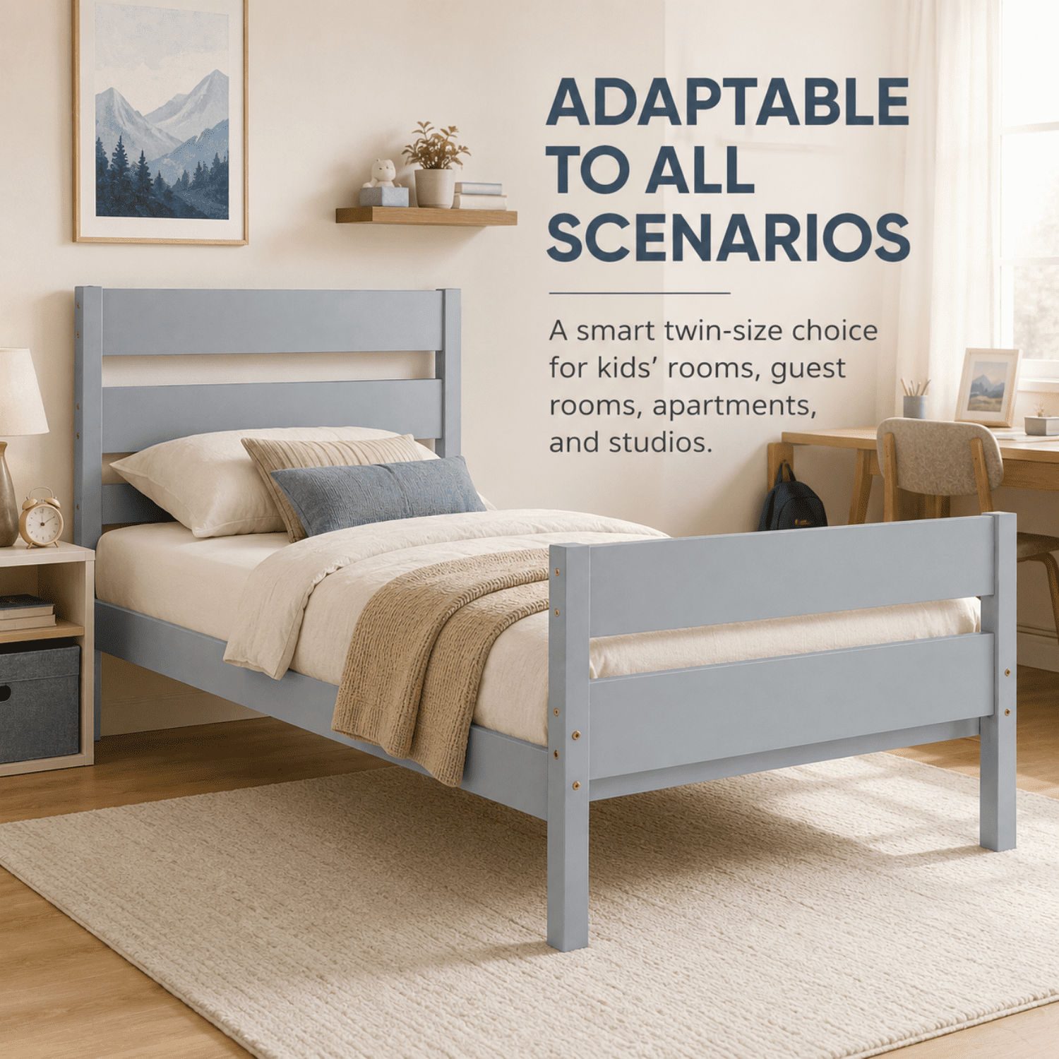 Miniyam Twin Bed Frame, Solid Rubber Wood Platform Bed with Headboard and Footboard, Gray