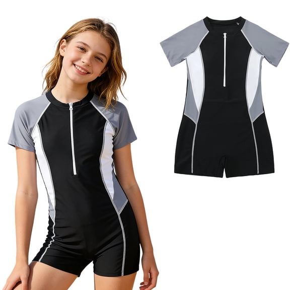 Girls Swimsuit Rash Guard Bathing Suit Black Short Sleeve Front Zipper Swimwear UPF 50  Bathing Suits Athletic Training Swimsuit 9-10 Years