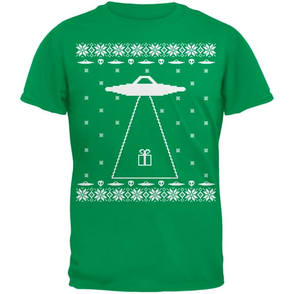 Alien Abduction Ugly Christmas Sweater Green Adult T-Shirt - Large