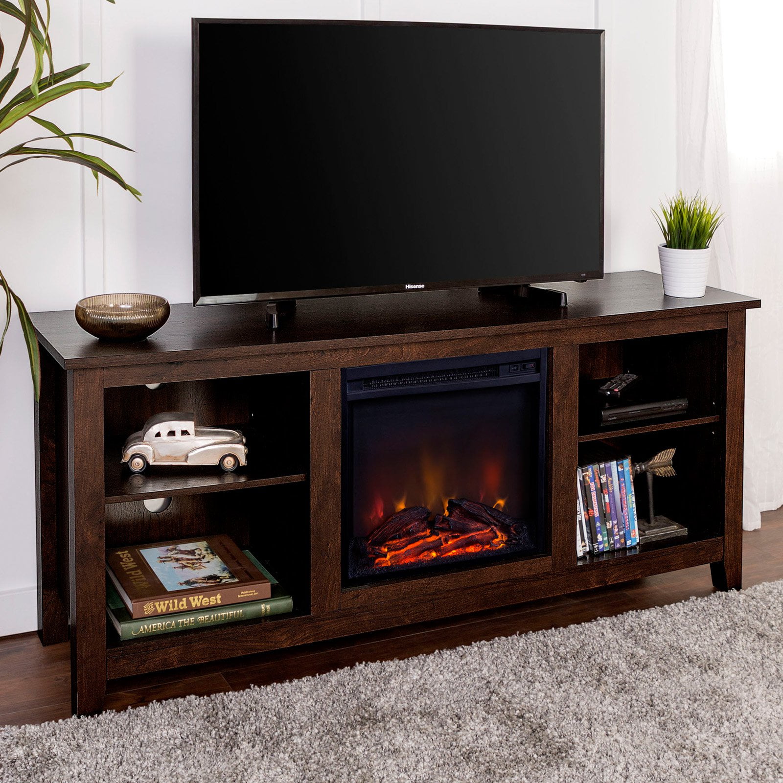 Walker Edison 58-in. Wood Fireplace Media TV Stand Console ...
