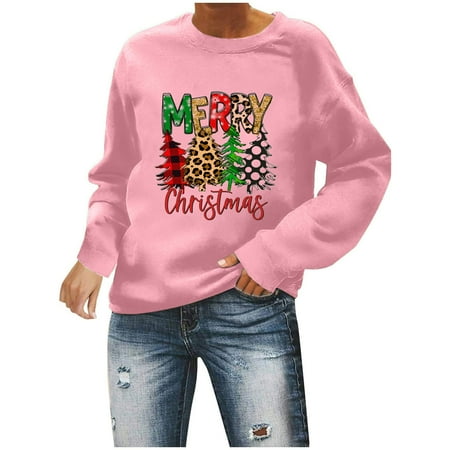

Bospose Merry And Bright Christmas Shirt Girls O-Neck Shirt Pink Bustier Top Merry And Bright Sweatshirt Women Casual Full Sleeve Tops Loose Shirts Blouse Solid Color Tree Print Sweatshirt Lady Letter