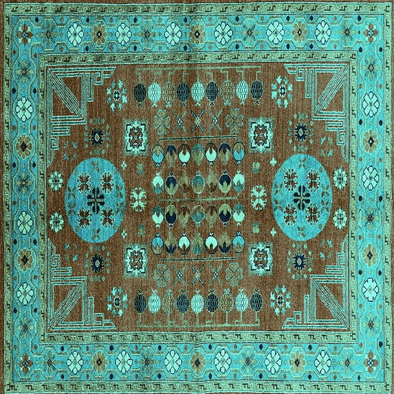 Ahgly Company Machine Washable Indoor Square Oriental Turquoise Blue Industrial Area Rugs, 3' Square
