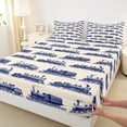 thumbnail image 4 of Castle Fairy Vintage Train Bed Sheets 4pcs for Adults, Navy Pattern King Sheets for Bedroom, Navy Beige, 4 of 6