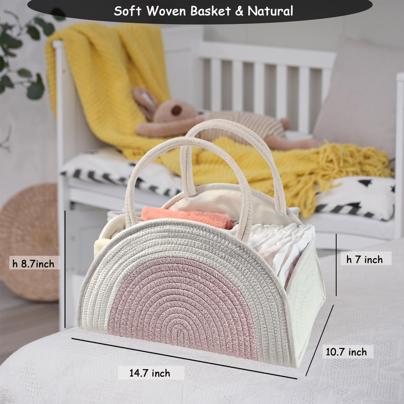 Diaper Caddy Organizer with Gift Bags and Ribbons - Sturdy Cotton Rope Basket for Baby Girl & Boy Newborn Essentials, Large Baby Gift Bag, Nursery Storage Caddy with Handles (white Brown)
