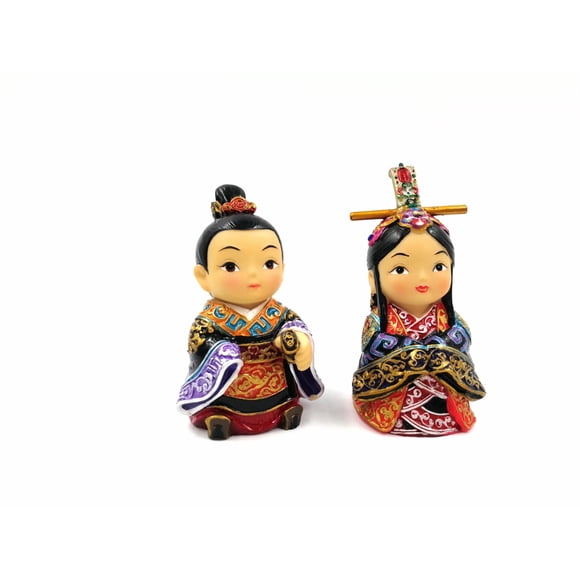 Resin Mini Figurine, Oriental Traditional Culture Figurine, Set of 2, Hand-Painting,Chinese Traditional: Qing Dynasty Boy & Girl Decoration, 10cmH