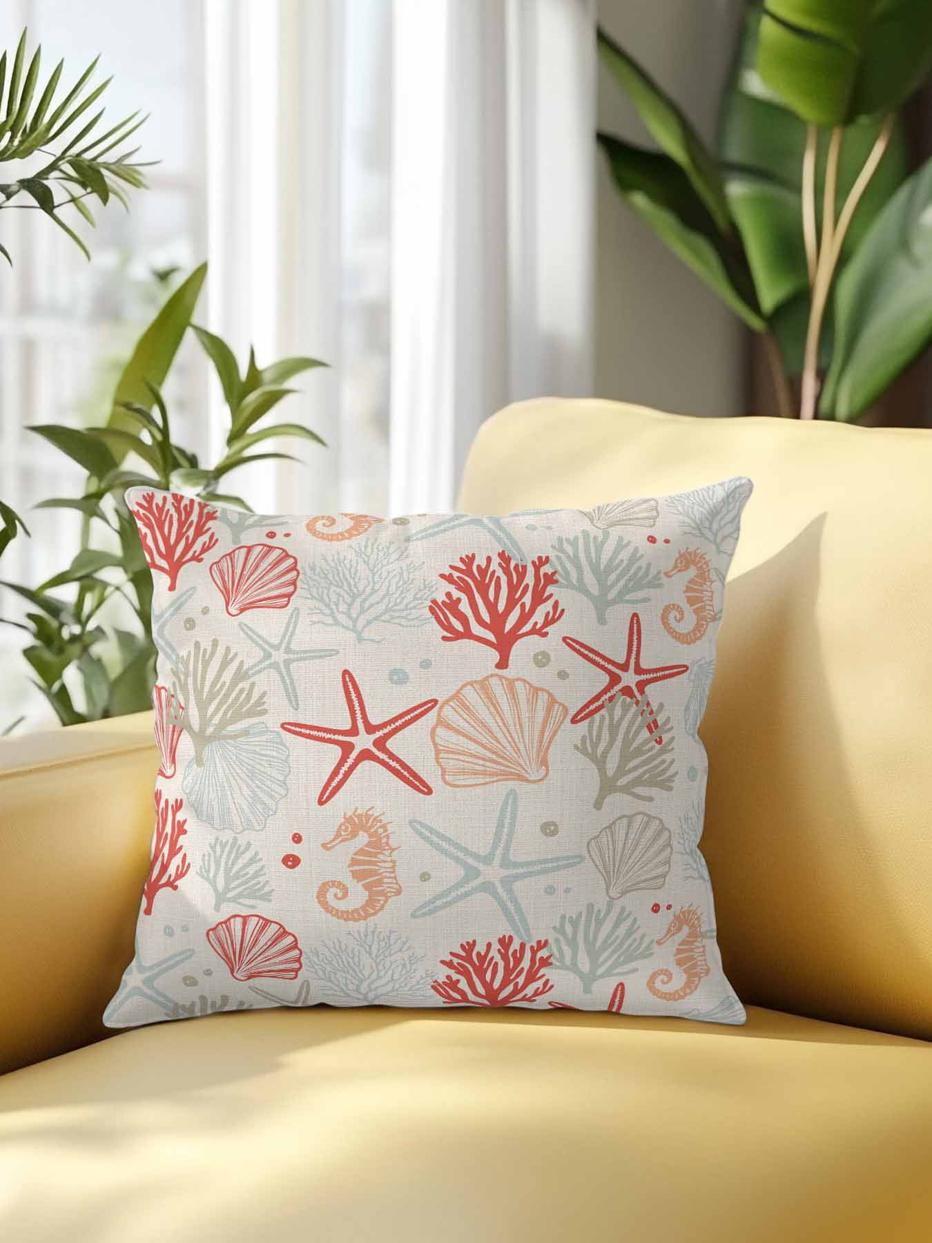 Waterproof Outdoor Throw Pillows with Inserts 18"x18", Red Orange Coastal Soft Decorative Pillowcases for Couch Bedroom, Summer Beach Starfish Coral Nautical Rustic Pillow Covers for Sofa Living Room