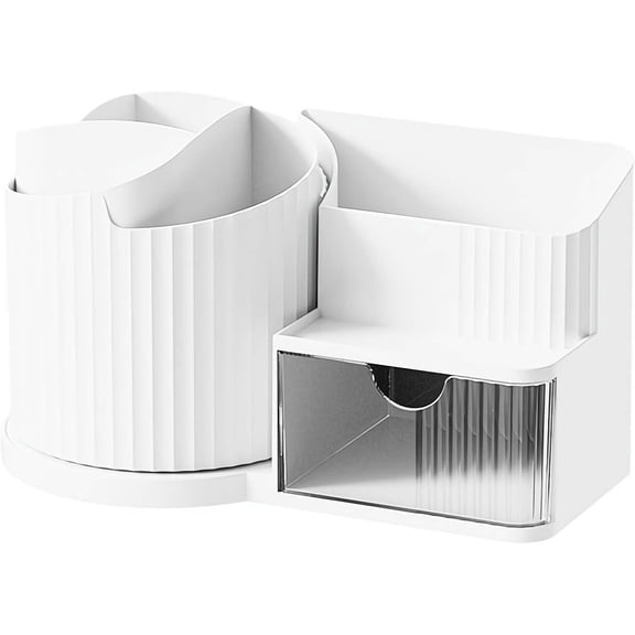 360 Rotating Desktop Organizer - Detachable 2-in-1 Storage Tray with Transparent Drawers for Office Supplies, Pens, Makeup Brushes, Art Tools(XX-White)