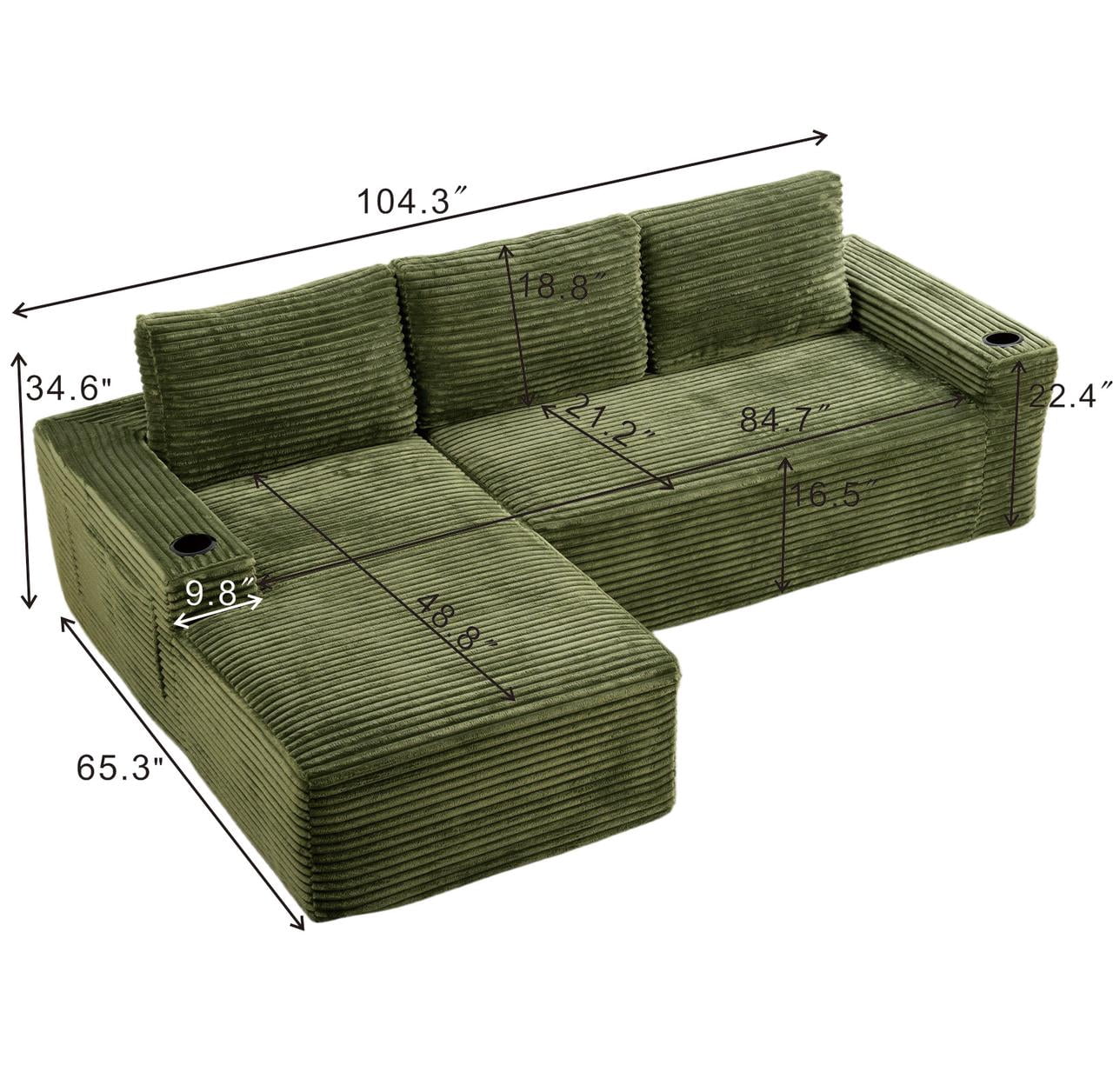 AISWORD 104.3" L-Shaped Modular Sectional Sofa, Corduroy 4-Seater Cloud Couch with Cup Holders & Side Pockets, Boneless Upholstered Sofa, No Assembly, Green, Left-Facing Chaise