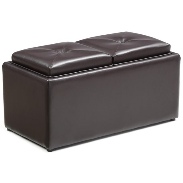 Pemberly Row Storage Ottoman with 2 Flip Over Serving Tray in Brown