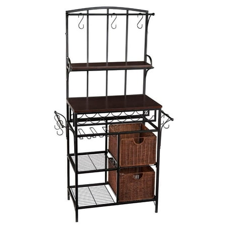 4-Tier Black Metal Bakers Rack Shelf Unit w/Baskets & Wine Rack