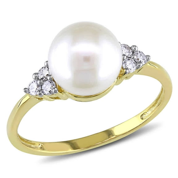 AMOUR Cultured Freshwater Pearl and 1/8 CT TW Diamond Ring In 10K Yellow Gold