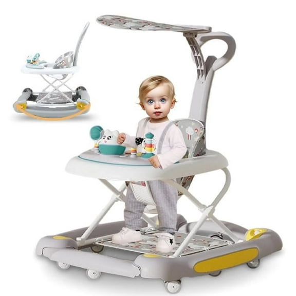 LHUAI 6-in-1 Baby Walker With Wheels, Bouncer, Removable Footrest, Feeding Tray & Music, Foldable & Adjustable Activity Walker For Boys And Girls, Toddler Infant, Grey