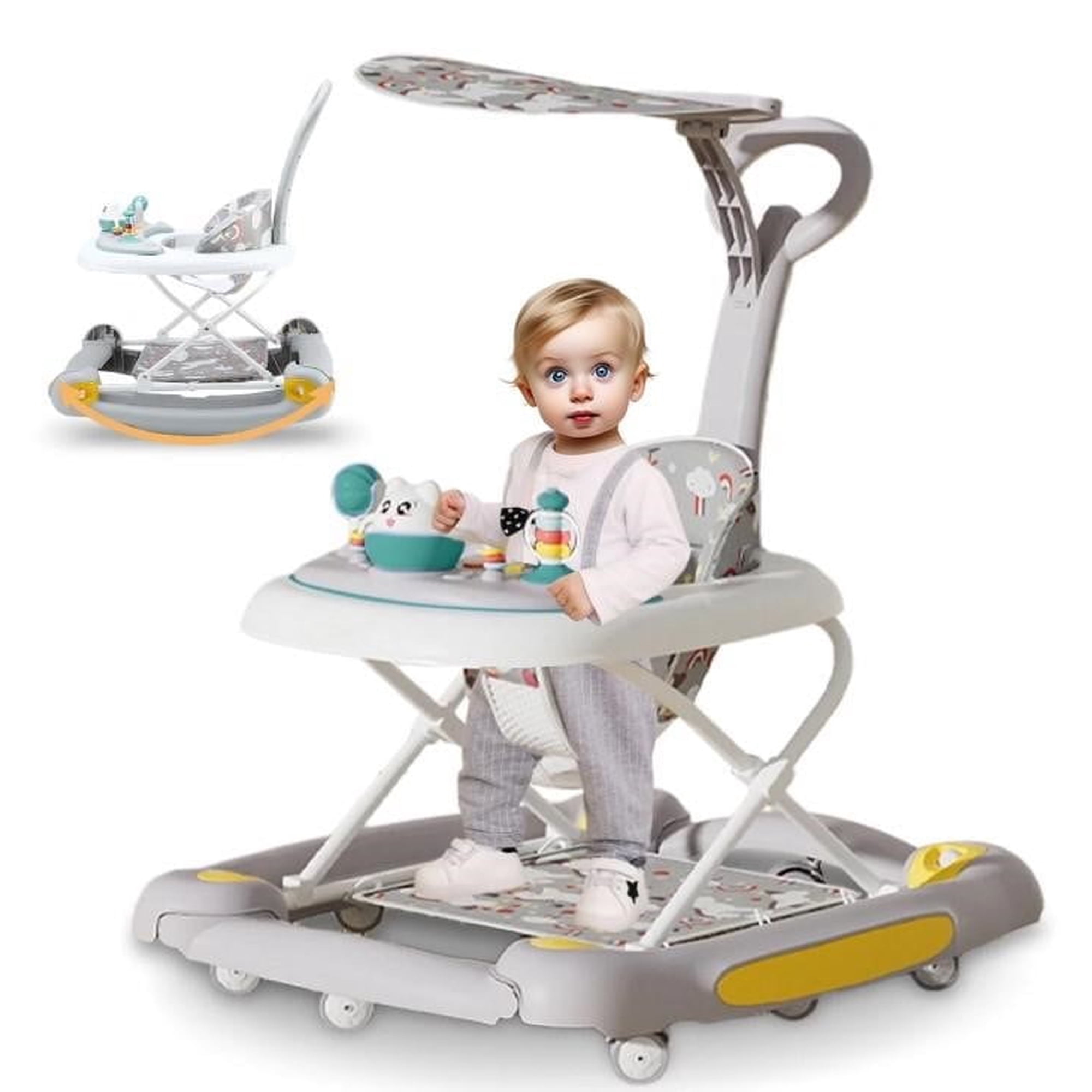 LHUAI 6-in-1 Baby Walker With Wheels, Bouncer, Removable Footrest, Feeding Tray & Music, Foldable & Adjustable Activity Walker For Boys And Girls, Toddler Infant, Grey