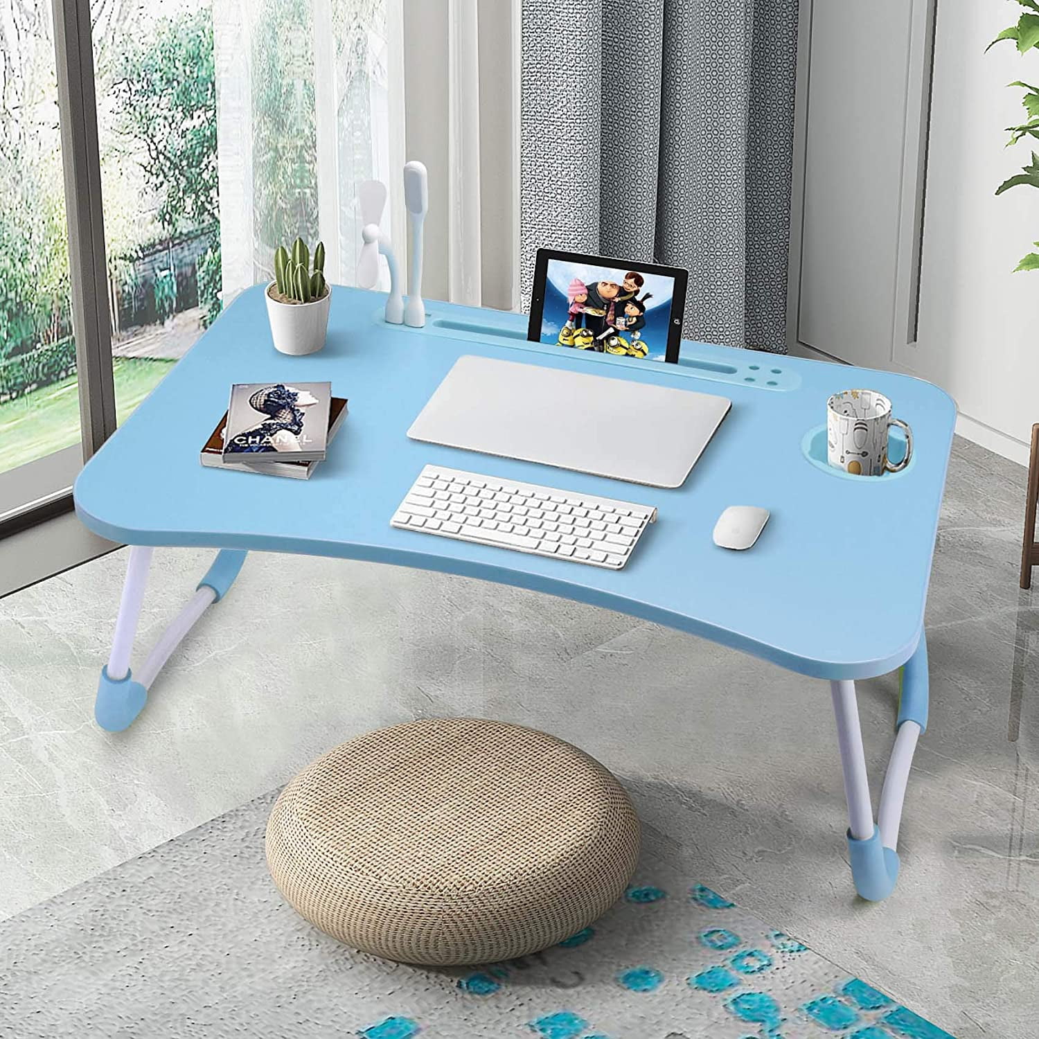Lap Desk with Cup Holder, Foldable Laptop Table for Bed, Portable Bed Desk for Laptop and Writing, Computer Tray with Tablet Slot, Notebook Stand Reading Holder for Couch Sofa Floor,Blue