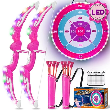 OMGTOYZ 2-Pack Bow and Arrow Toys for Girls - Kids Archery Set with Light-up Target 2 Bows and 14 Sticky Arrows Indoor Outdoor Birthday Games Gifts for Girls Ages 4 5 6 7 8-12 C21