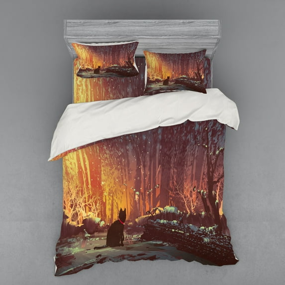 Ambesonne Animal Bedding Set 4 Pcs, Dark Cat Mystic Picture, Queen, Orange Brown