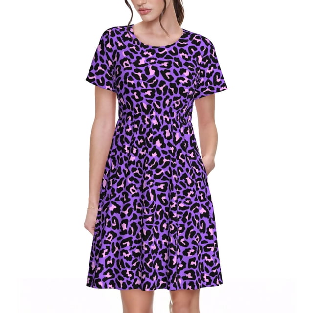 Disketp Purple Leopard para Vestido de Manga Corta para Mujeres, Vestidos de Verano para Mujeres, Casual y Holgado para la Playa