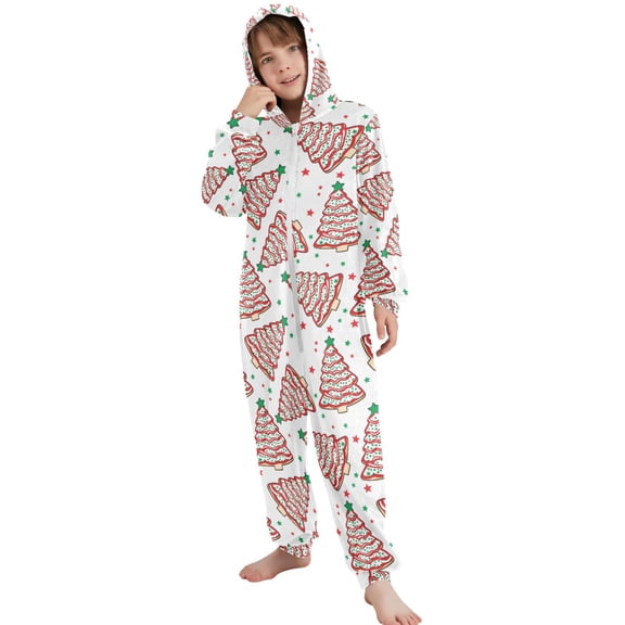 JOOGOO Christmas Tree Cakes Pattern Unisex Onesie Pajamas Jumpsuit Kids One-Piece Hooded Sleepwear 7-8T